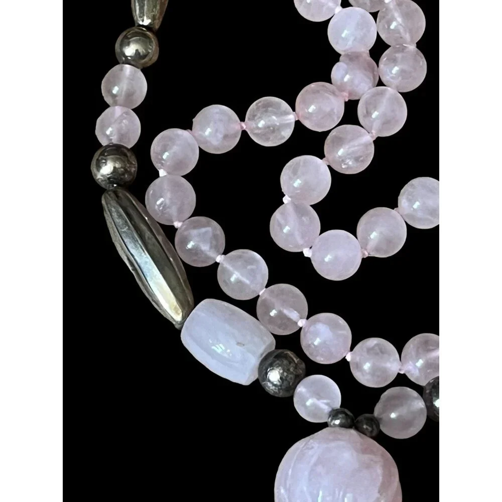 Vintage Rose Quartz Beaded Necklace w/Charms & Silver Accent Beads - Picture 7 of 16